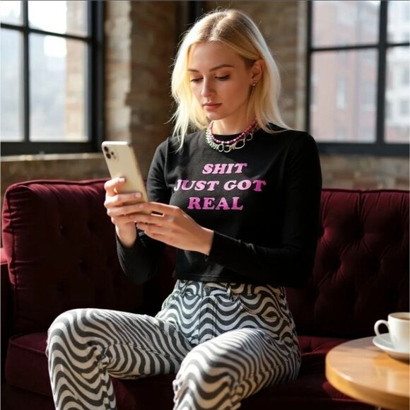 Shit Just Got Real Black Long Sleeve Cotton Graphic Tee Pink Lettering Sz XS - Picture 1 of 3